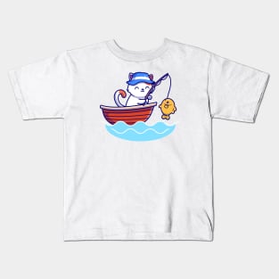 Cute Cat Fishing In The Sea On Boat Kids T-Shirt